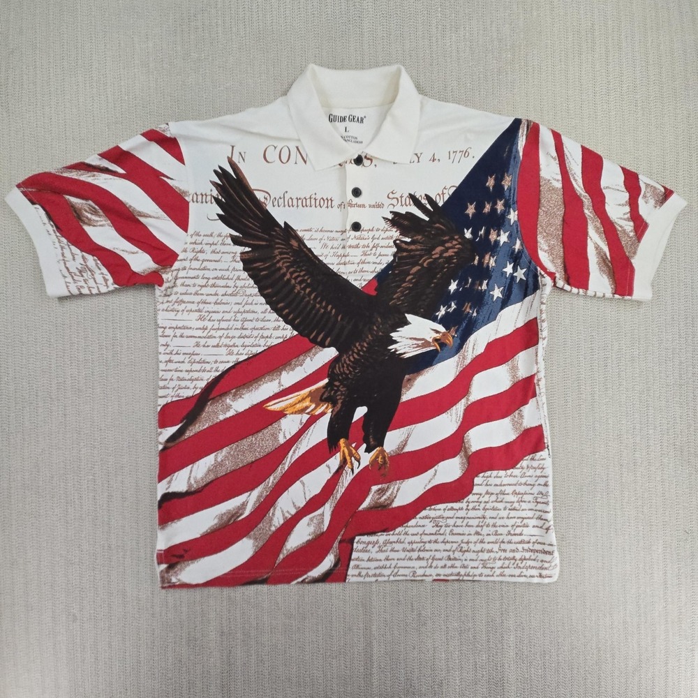Guide Gear Polo Shirt Mens Large Patriotic Eagle USA Flag All Over Print AOP